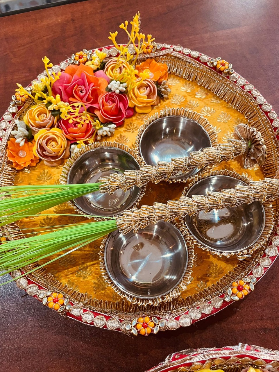Steel Haldi Platter with 4 Steel Katoris