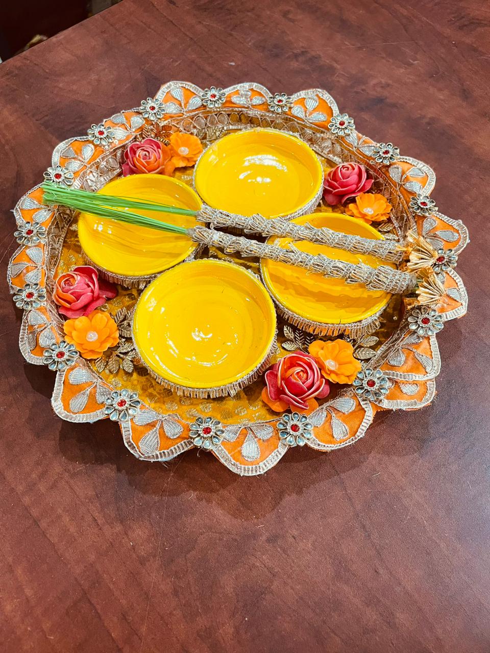 Steel Haldi Platter with 4 Steel Katoris