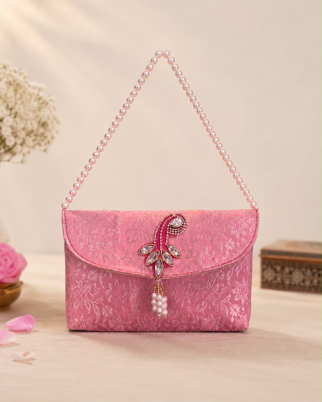 Sling Bag In brocade with pearl handle (pack of 10) - Image 3