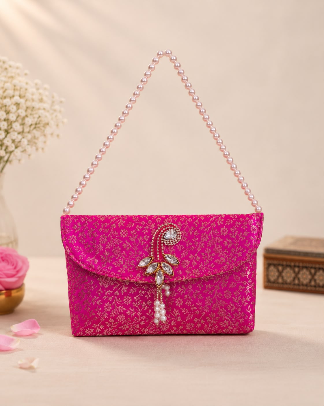 Sling Bag In brocade with pearl handle (pack of 10)