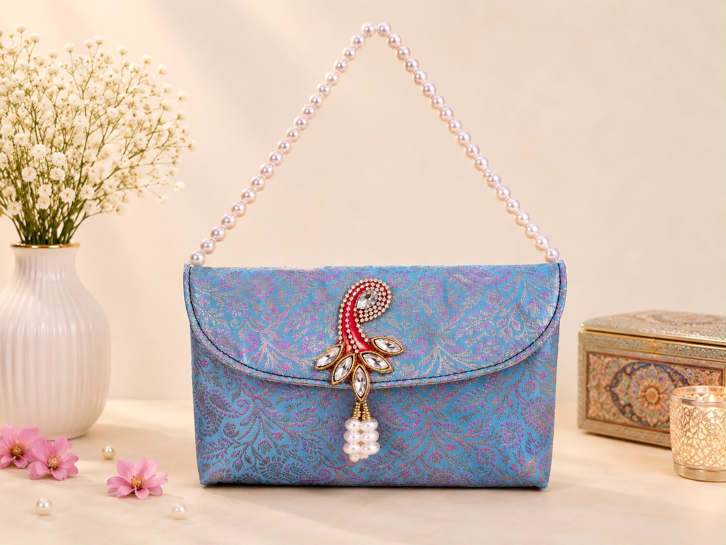Sling Bag In brocade with pearl handle (pack of 10) - Image 2