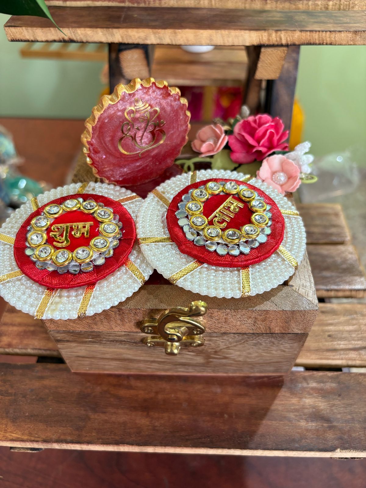 Wooden Box With Resin Ganesha and Shubh labh Hangings