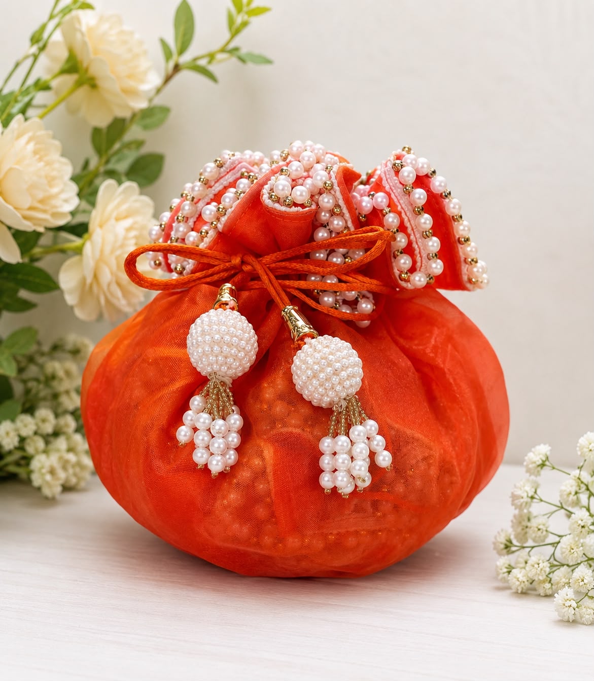 Scrunchy organza potli with pearl lace (pack of 10) - Image 3