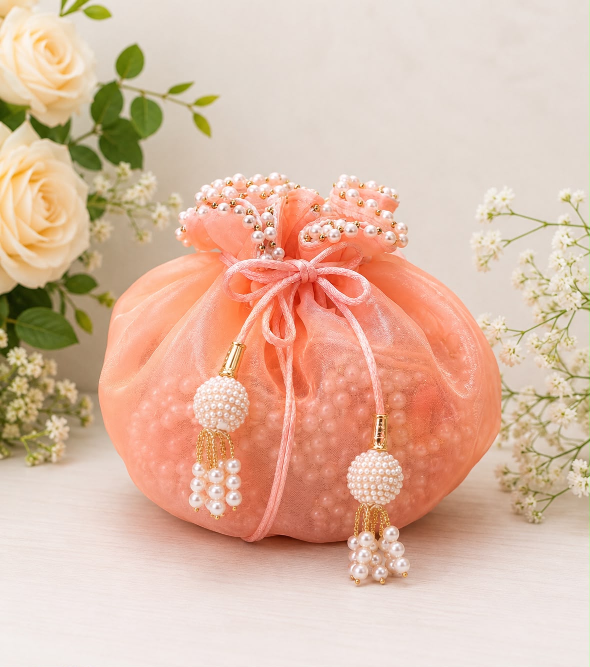 Scrunchy organza potli with pearl lace (pack of 10) - Image 4