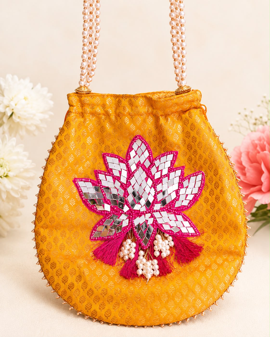 Banarsi Mutka potli with Pearl handle and mirror lotus (pack of 10)