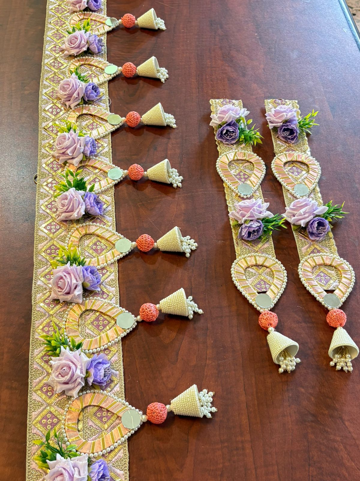 Pastel shades of bandanwars with floral work (set of 2 bandanwar and hanging) ) - Image 9