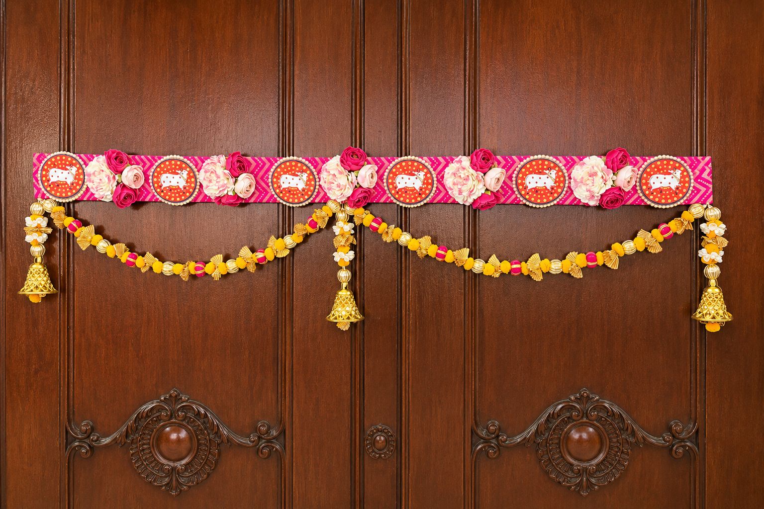 Traditional Pichwai brocade bandanwar with pom pom hangings