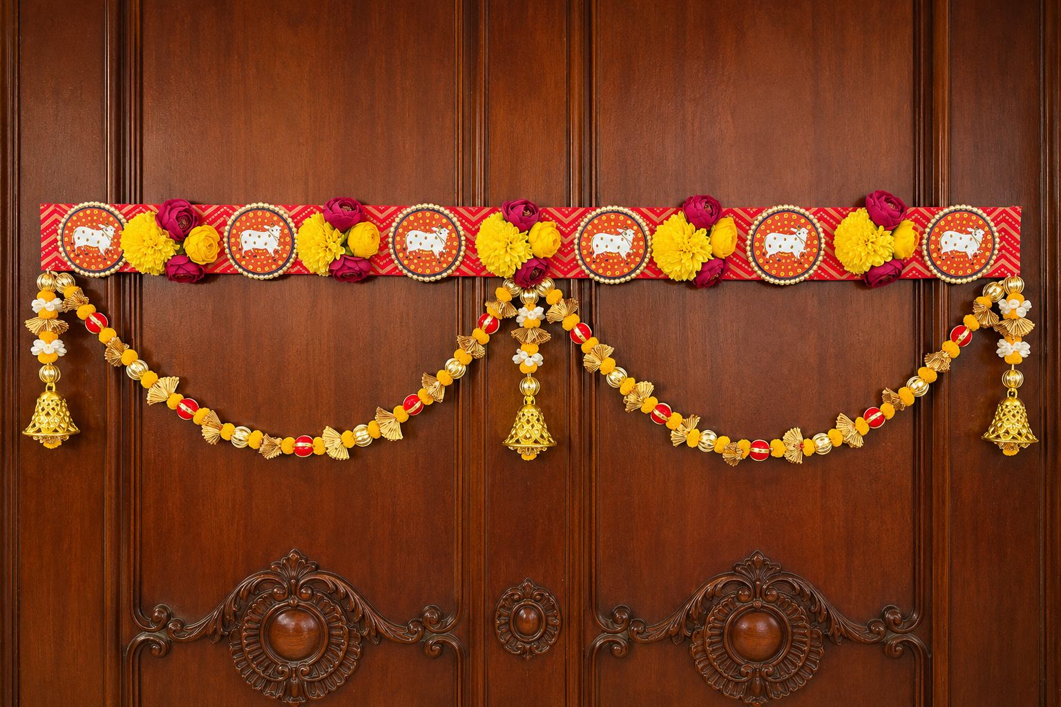 Traditional Pichwai brocade bandanwar with pom pom hangings - Image 7