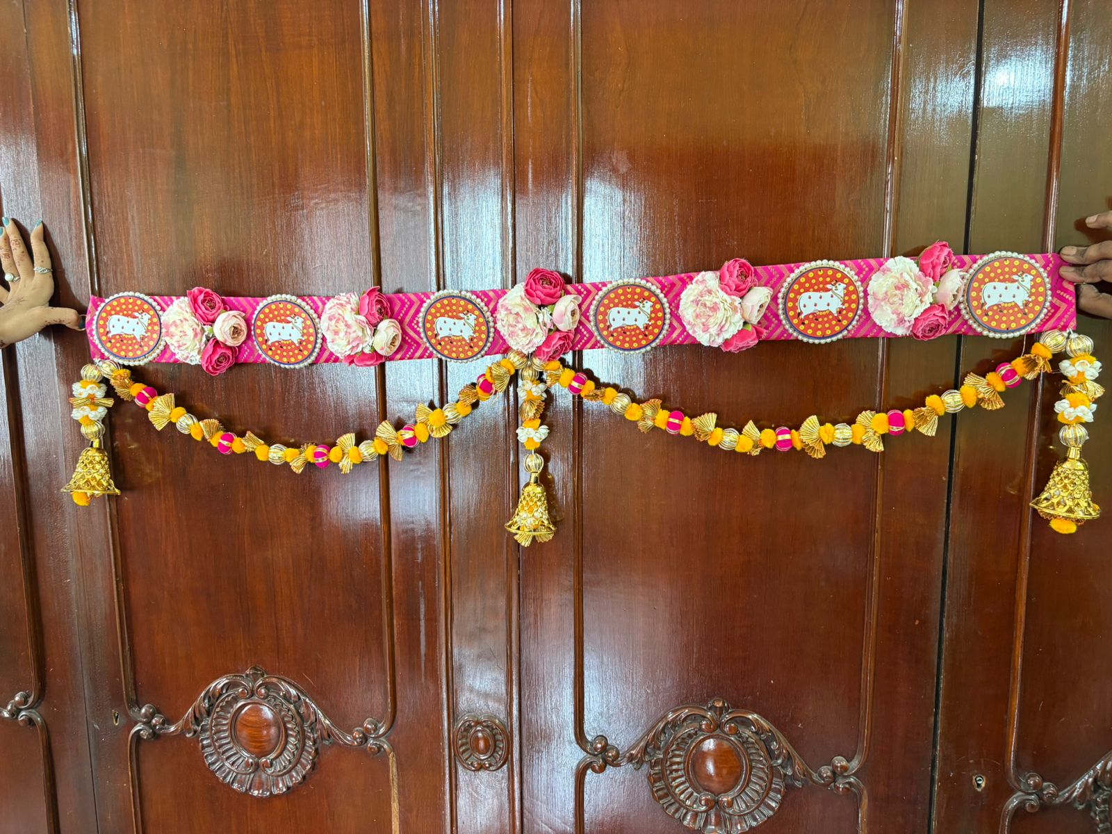 Traditional Pichwai brocade bandanwar with pom pom hangings - Image 2