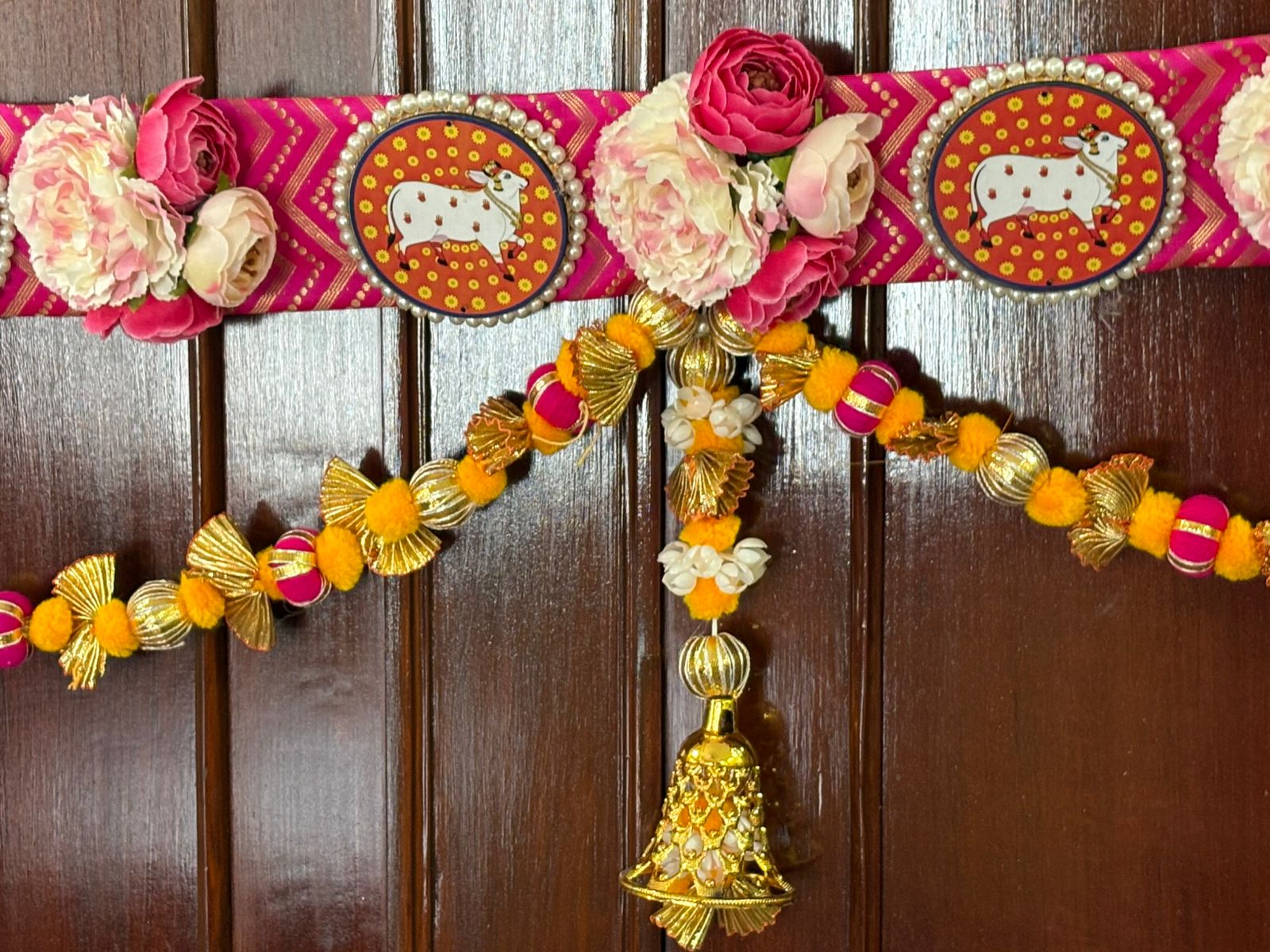 Traditional Pichwai brocade bandanwar with pom pom hangings - Image 3