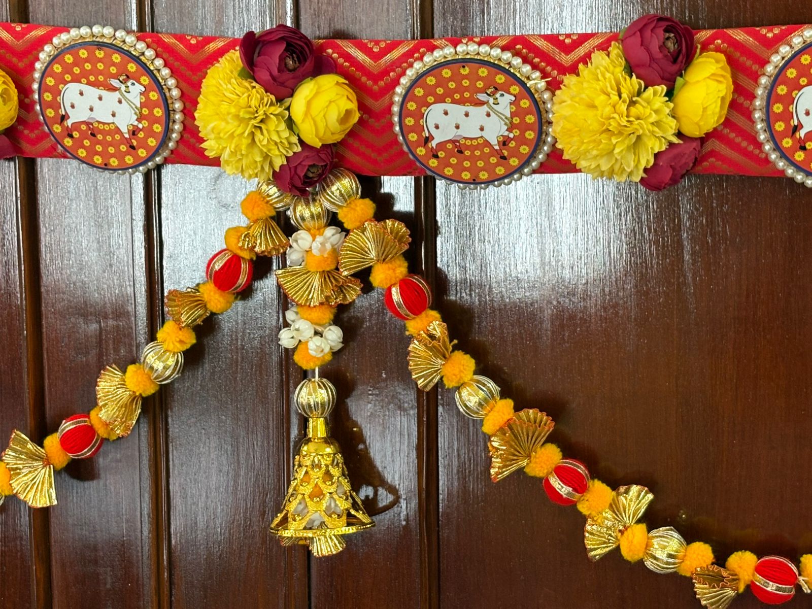 Traditional Pichwai brocade bandanwar with pom pom hangings - Image 4