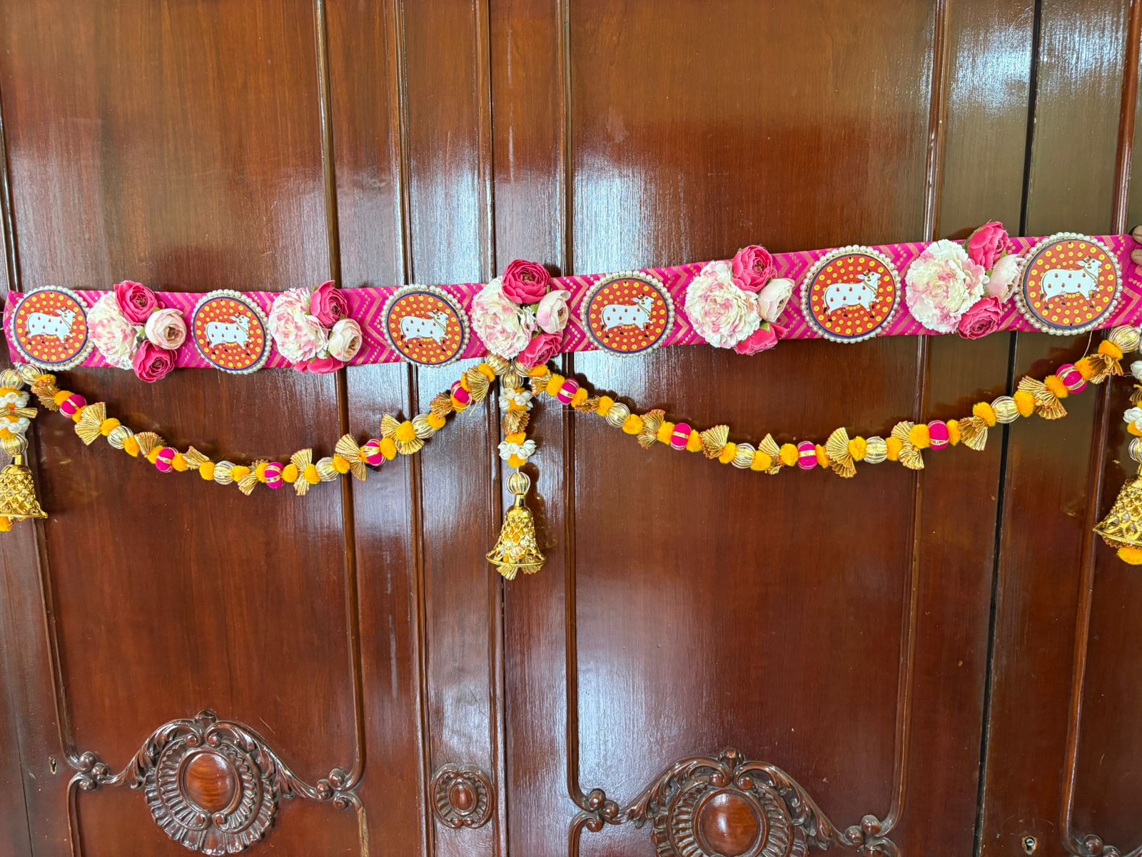 Traditional Pichwai brocade bandanwar with pom pom hangings - Image 5