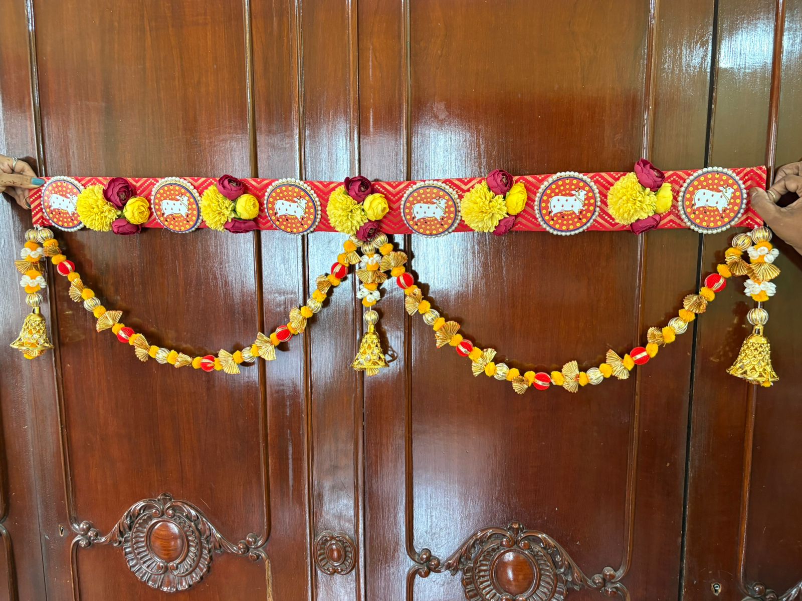 Traditional Pichwai brocade bandanwar with pom pom hangings - Image 6
