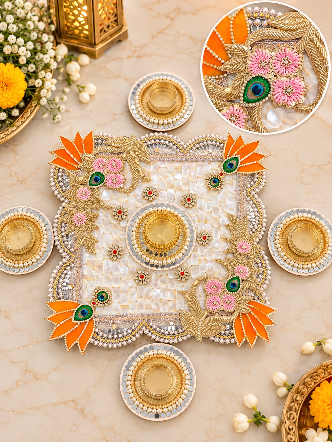 MOP 10 inch square rangoli with yellow lotus and heavy pink zardozi flowers (set of 5 pcs )