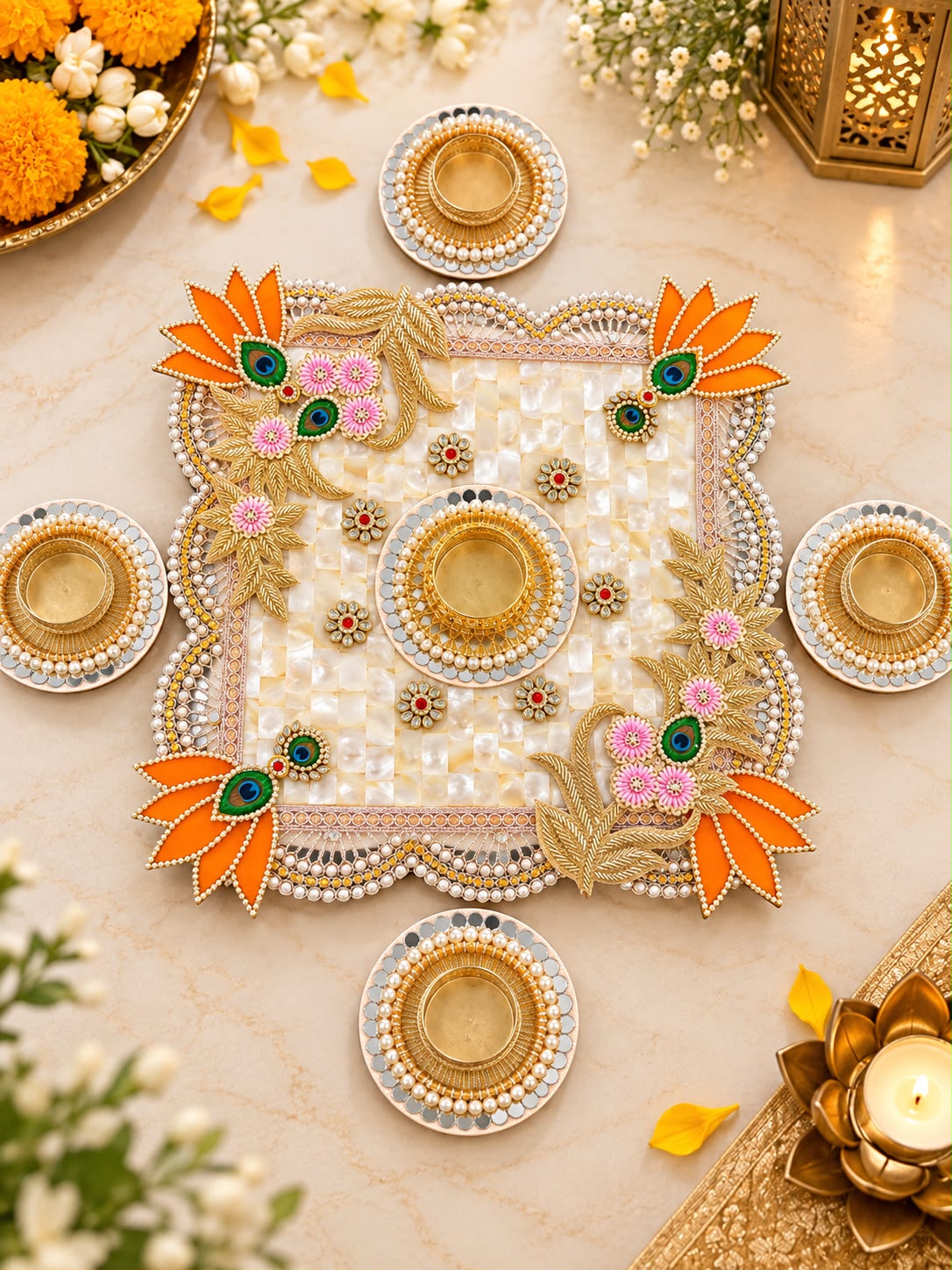 MOP 10 inch square rangoli with yellow lotus and heavy pink zardozi flowers (set of 5 pcs ) - Image 2