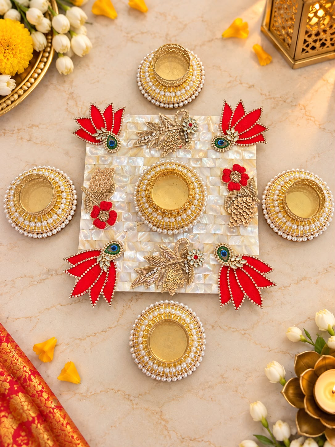 MOP 8 inch rangoli with red lotus and zardozi work (set of 5 pcs )