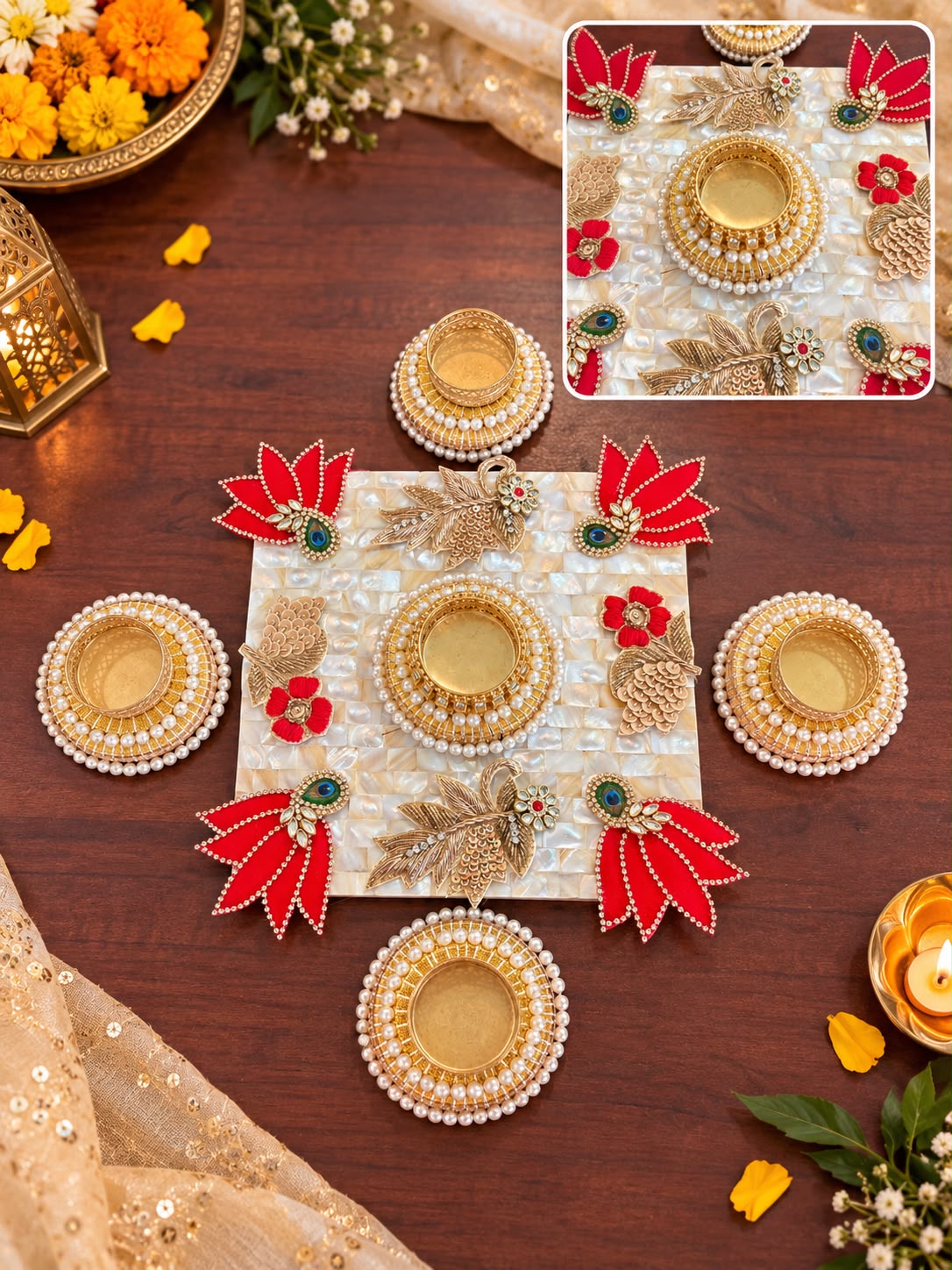 MOP 8 inch rangoli with red lotus and zardozi work (set of 5 pcs ) - Image 2