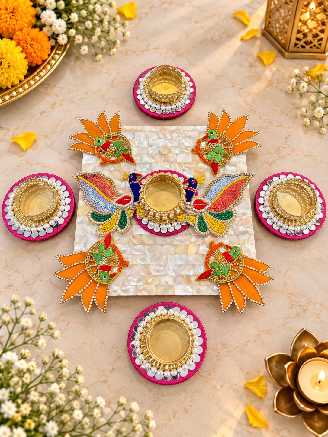 MOP 8 inch rangoli with peacock and parrot motifs (set of 5 pcs)