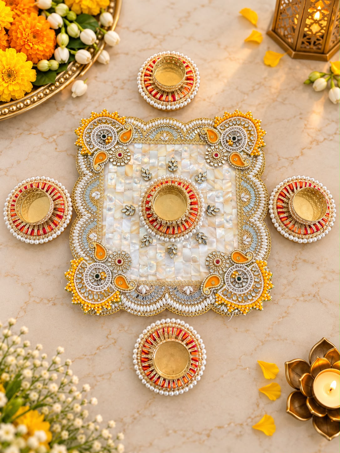 MOP 8 inch square rangoli with yellow motifs and mirror work (set of 5 pcs ) - Image 2