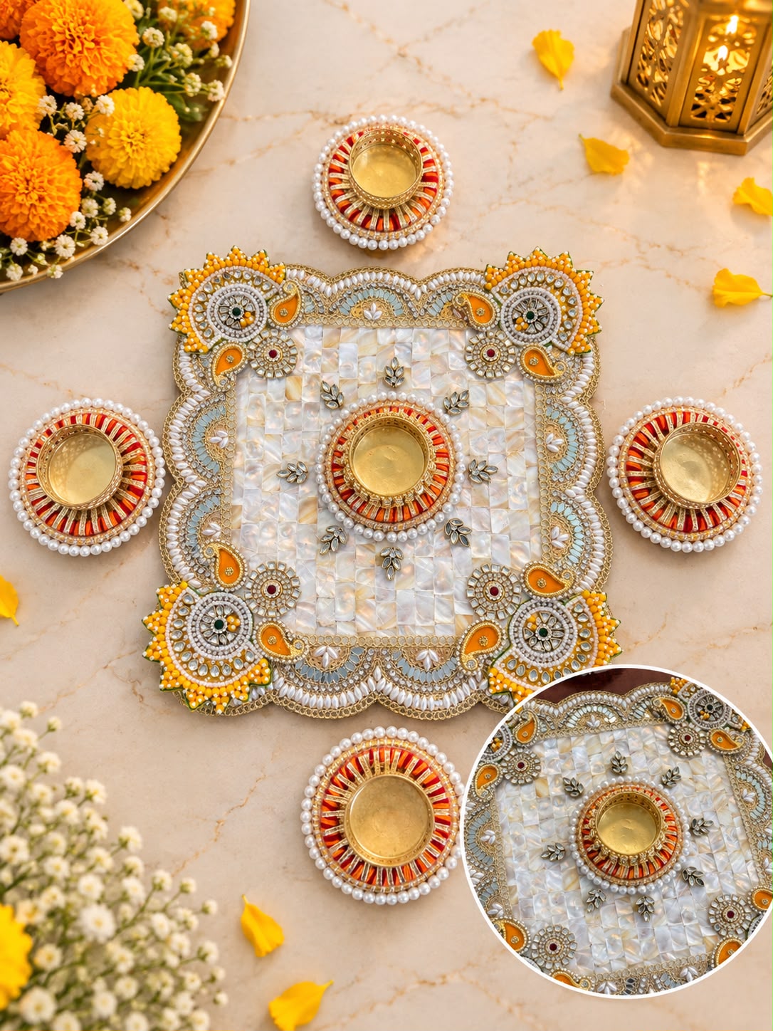 MOP 8 inch square rangoli with yellow motifs and mirror work (set of 5 pcs )