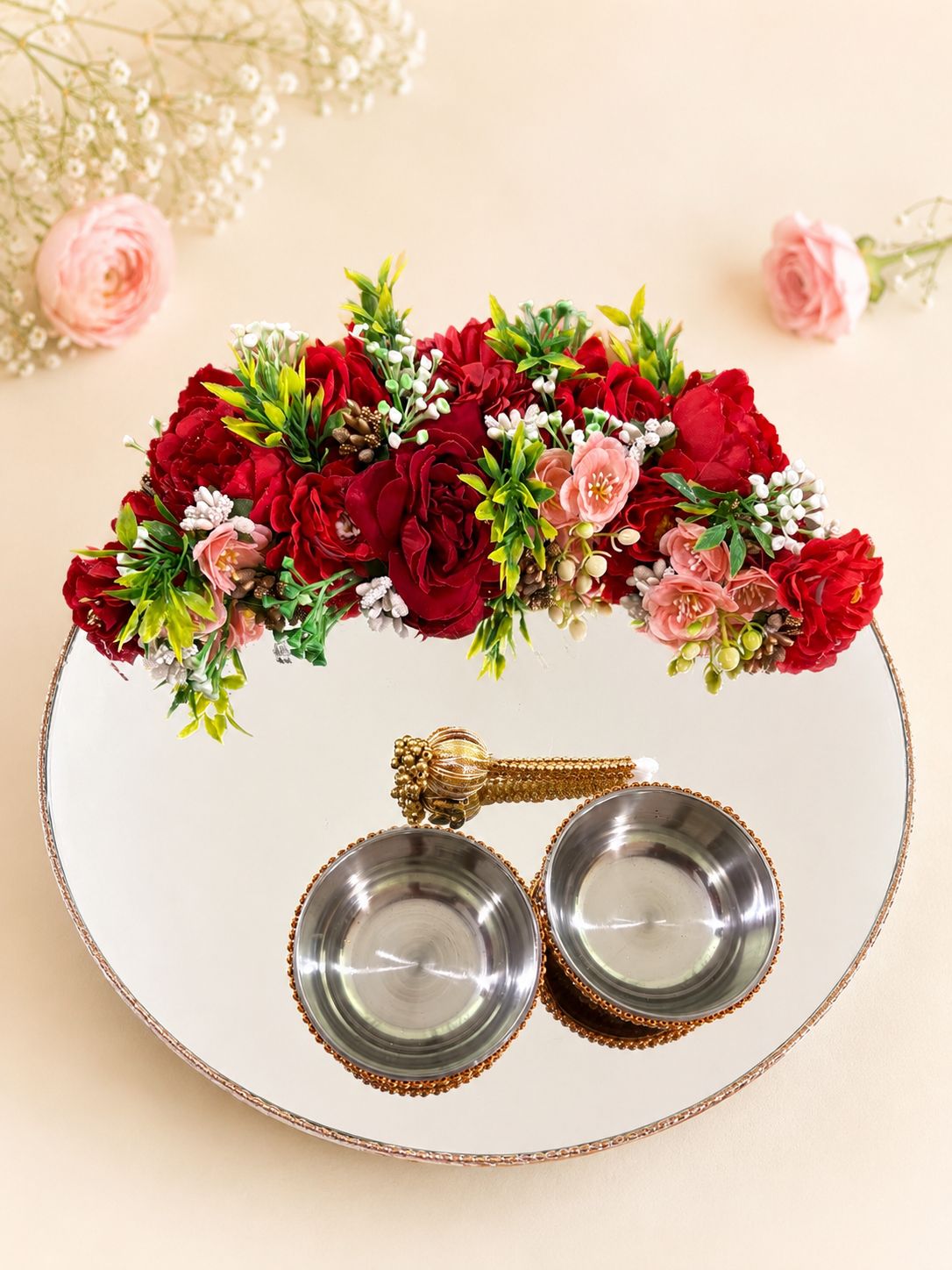 12 inch Mirror base Puja/Tilak thali in Red