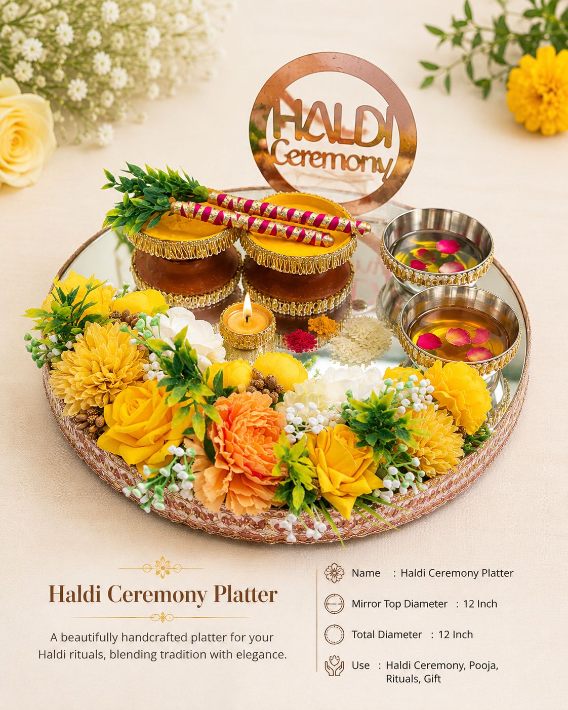 Mirror base Haldi platter 12 inches