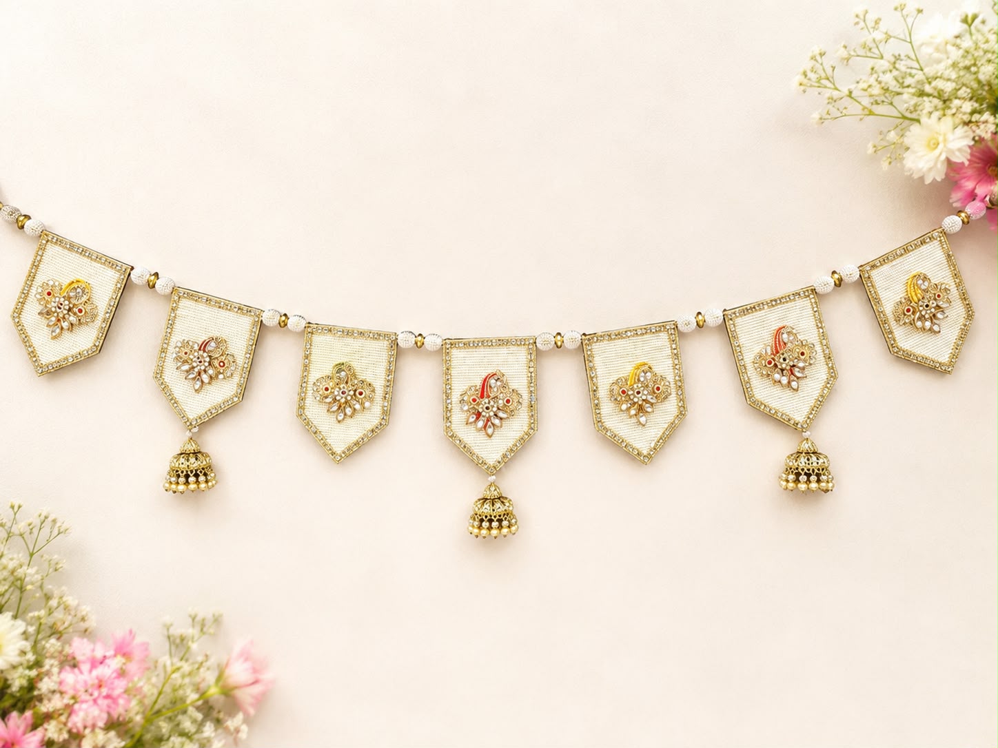 Pearl base Bandanwar with metal latkans in Kundan work (40 inch) - Image 4
