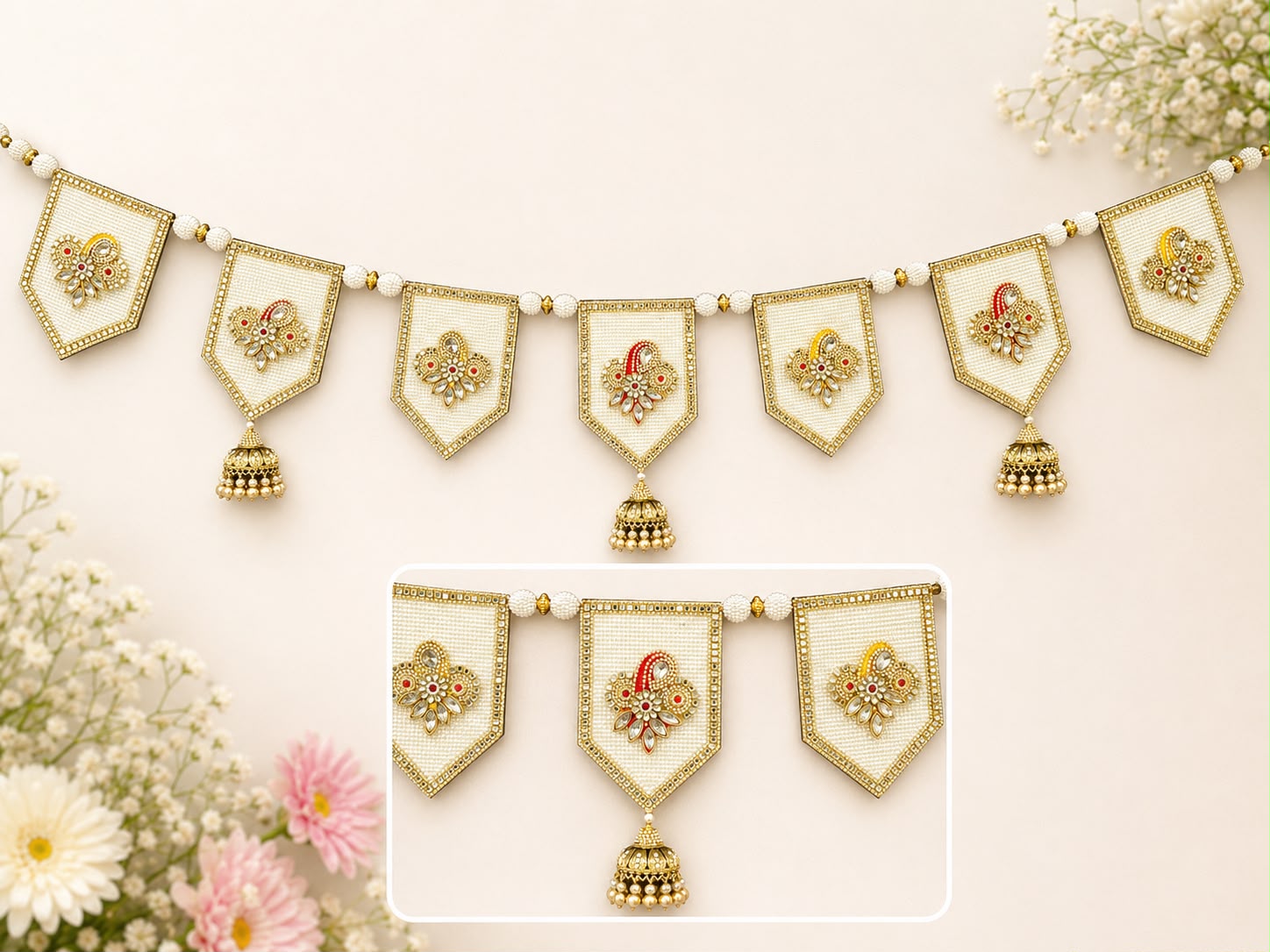 Pearl base Bandanwar with metal latkans in Kundan work (40 inch) - Image 2