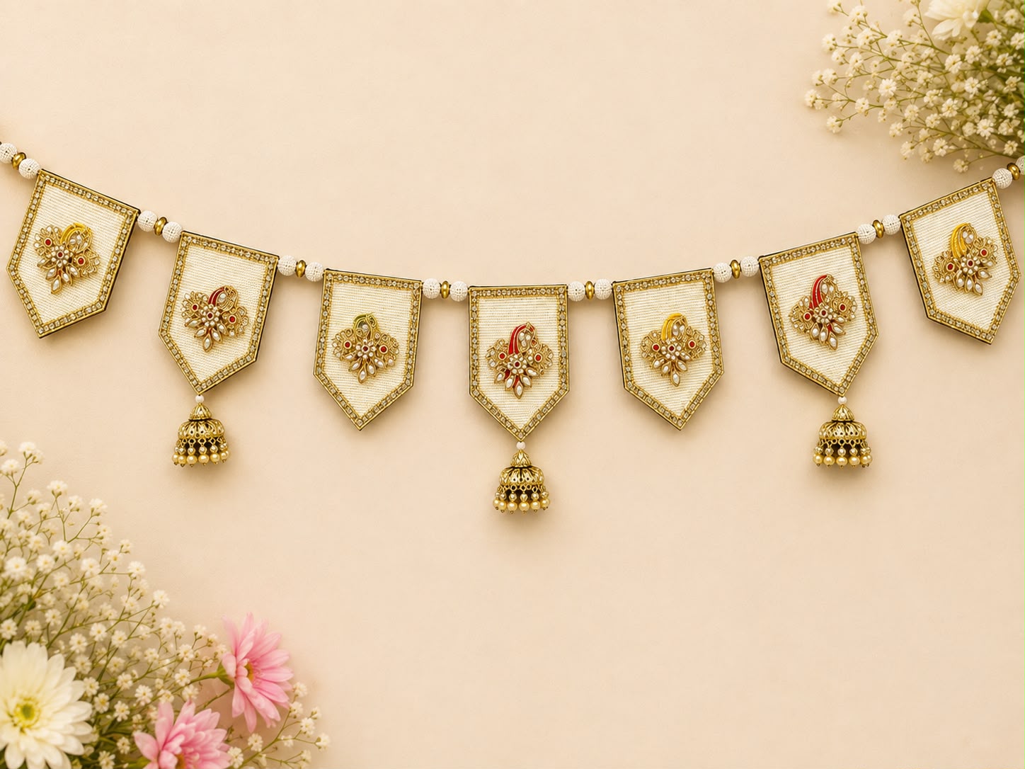 Pearl base Bandanwar with metal latkans in Kundan work (40 inch)