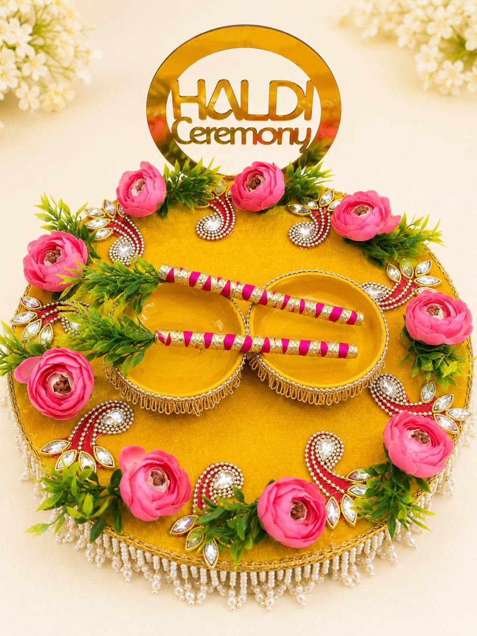 Yellow Thick MDF base Haldi platter 12 inch
