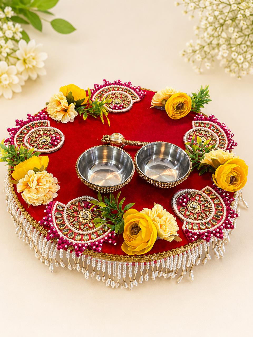 Puja/tilak platter in Red Velvet Thick MDF base