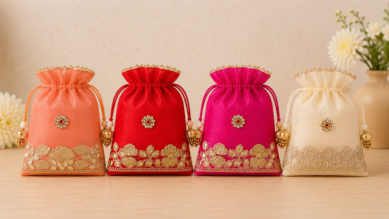 Double Organza Kundan flower potli 5/7 inch (pack of 20)