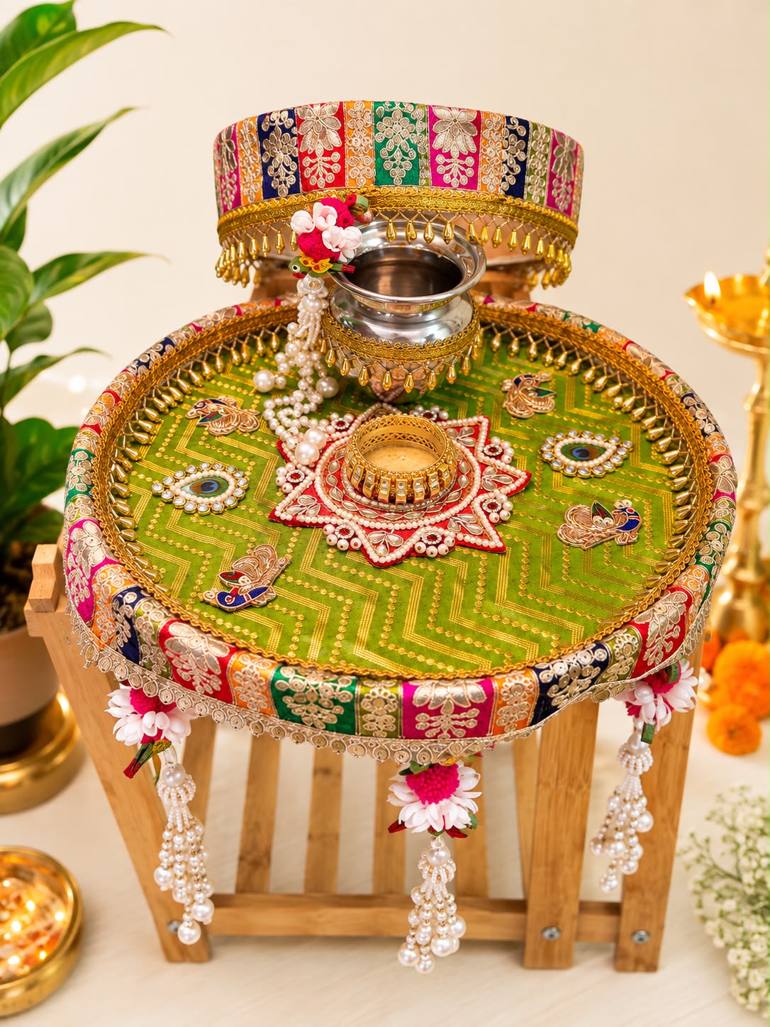 Multi colour Karwa chauth zardozi set with peacock theme (set of 4 pcs)