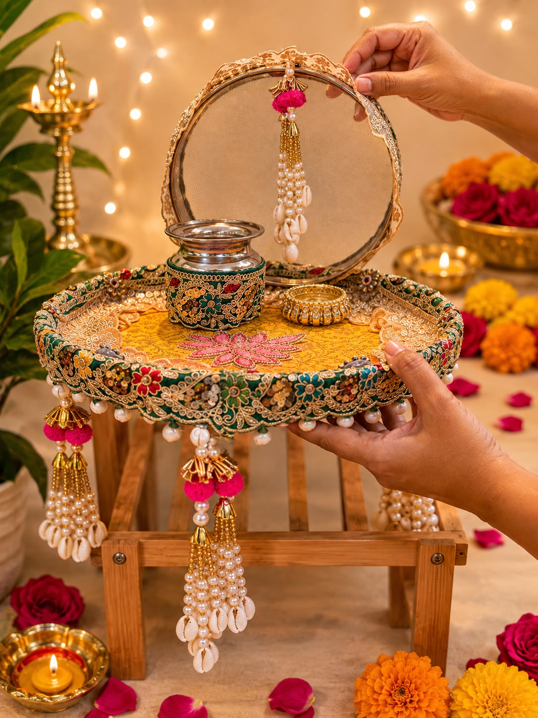 Green Zardozi with pink lotus karwa chauth thali set (4 pcs)
