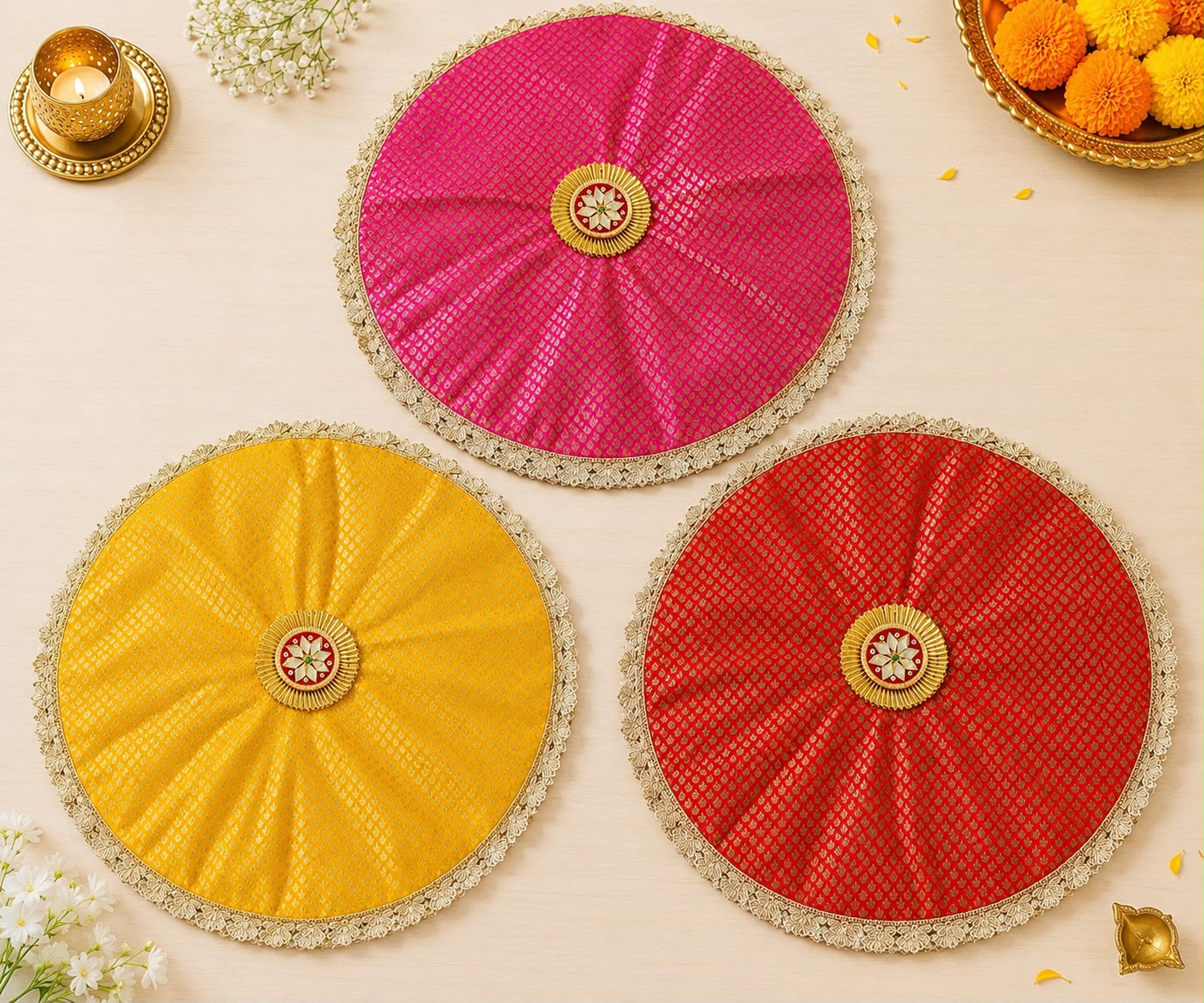 Broacde round thaalposh/tray cover with gota patch size 24 inch (pack of 2) - Image 5
