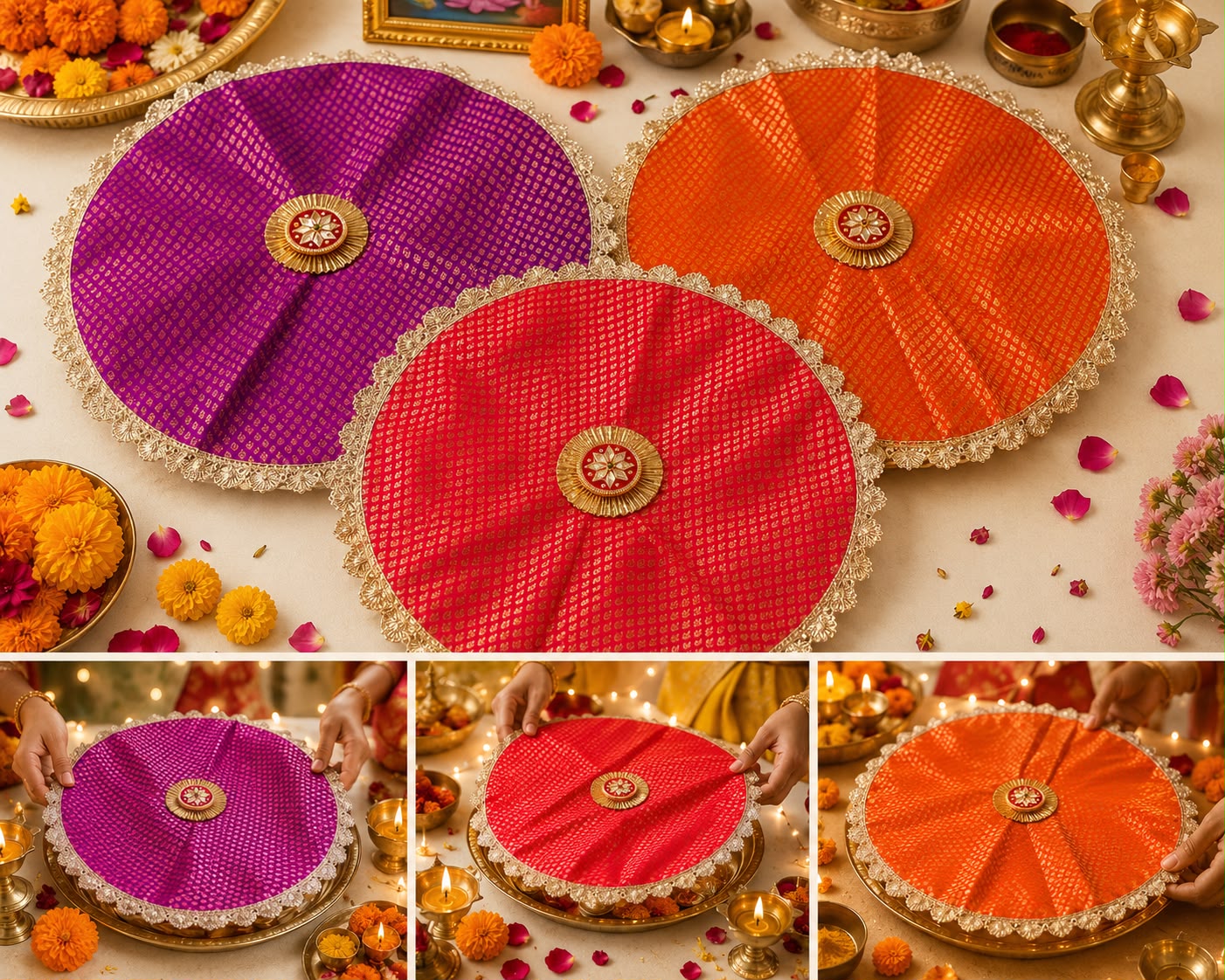Broacde round thaalposh/tray cover with gota patch size 24 inch (pack of 2)