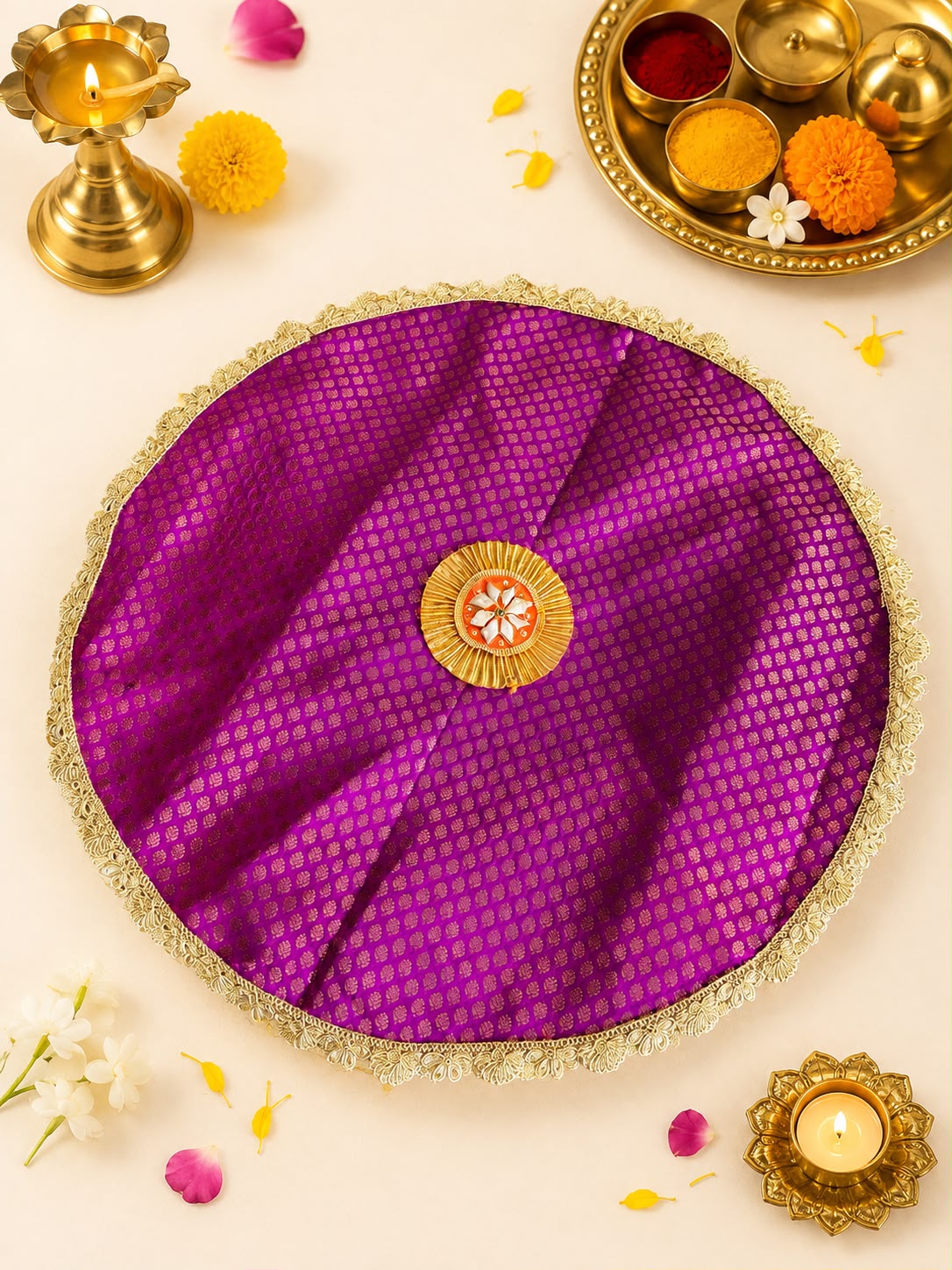 Broacde round thaalposh/tray cover with gota patch size 24 inch (pack of 2) - Image 2