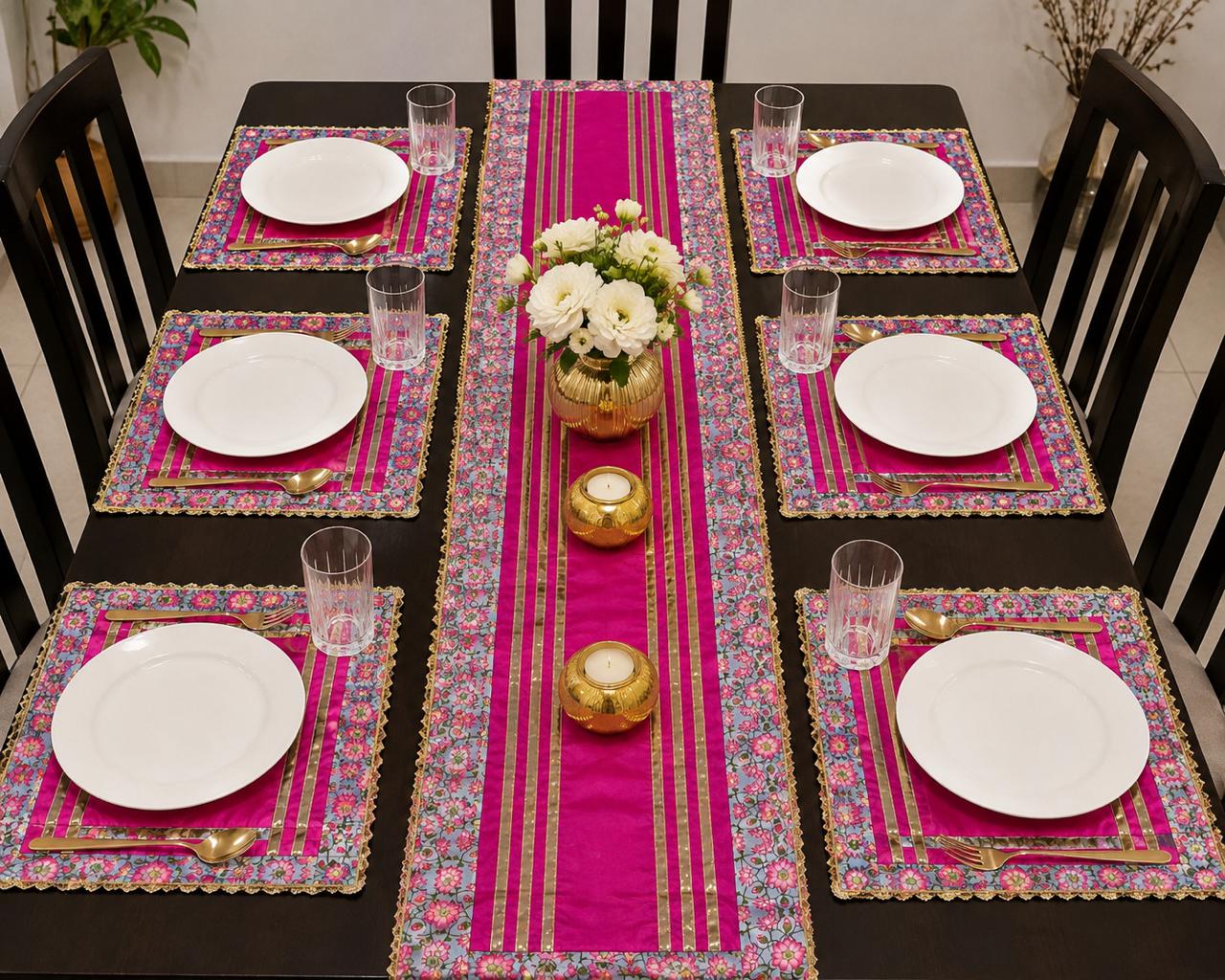 Table mat set in pink and pichwai (set of 7 pcs ) - Image 2
