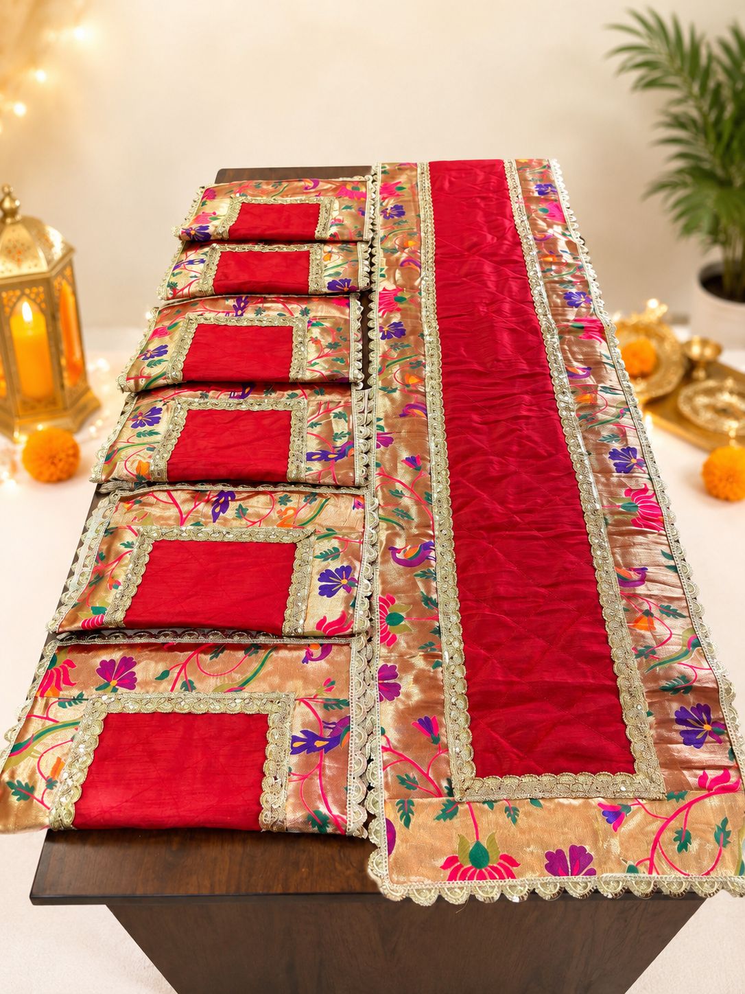 Table mat and runner set in red and paithani (set of 7 pcs ) - Image 2