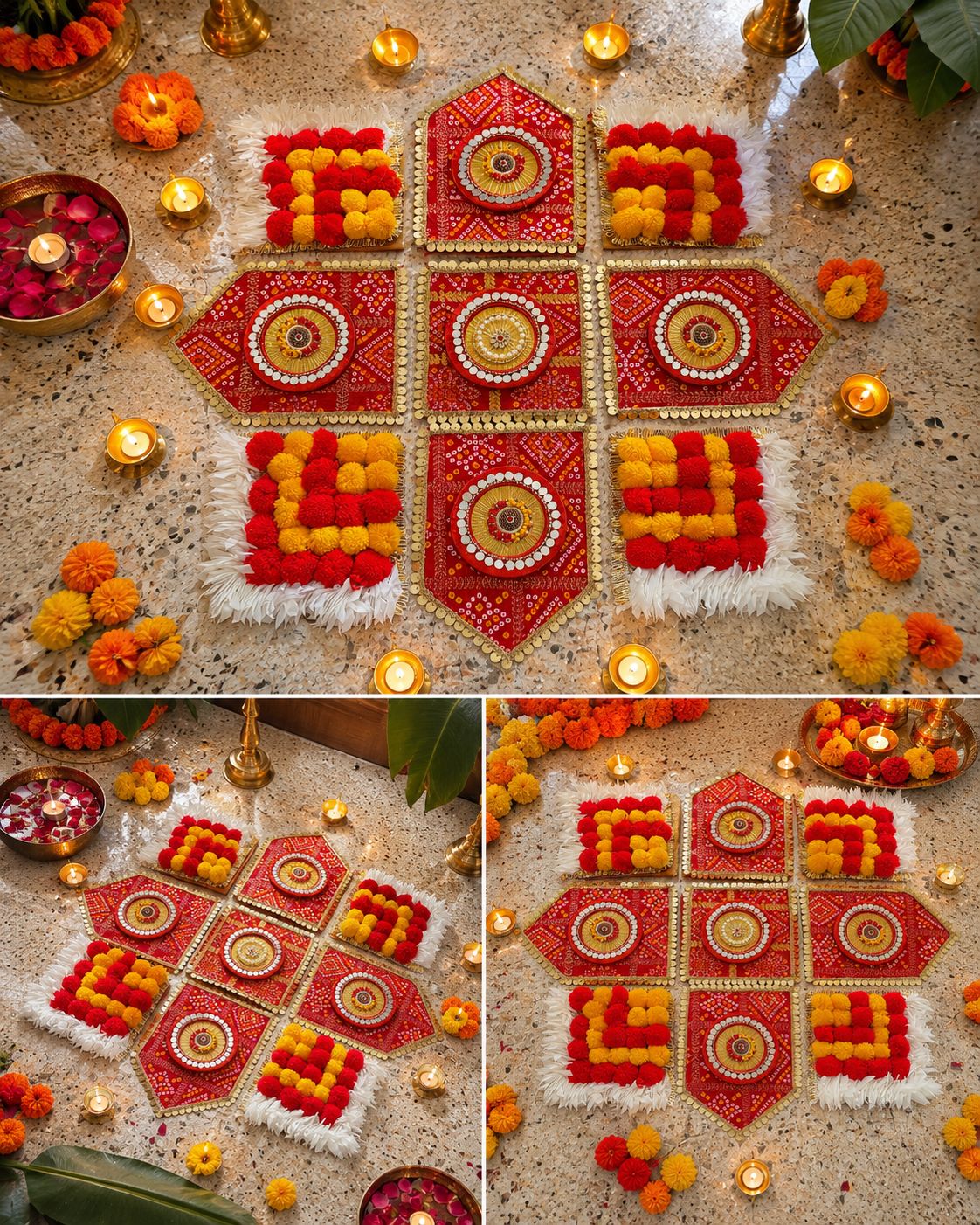 Square floor rangoli 9 pcs on MDF in pink and red gharchola (size 28 inches) - Image 3