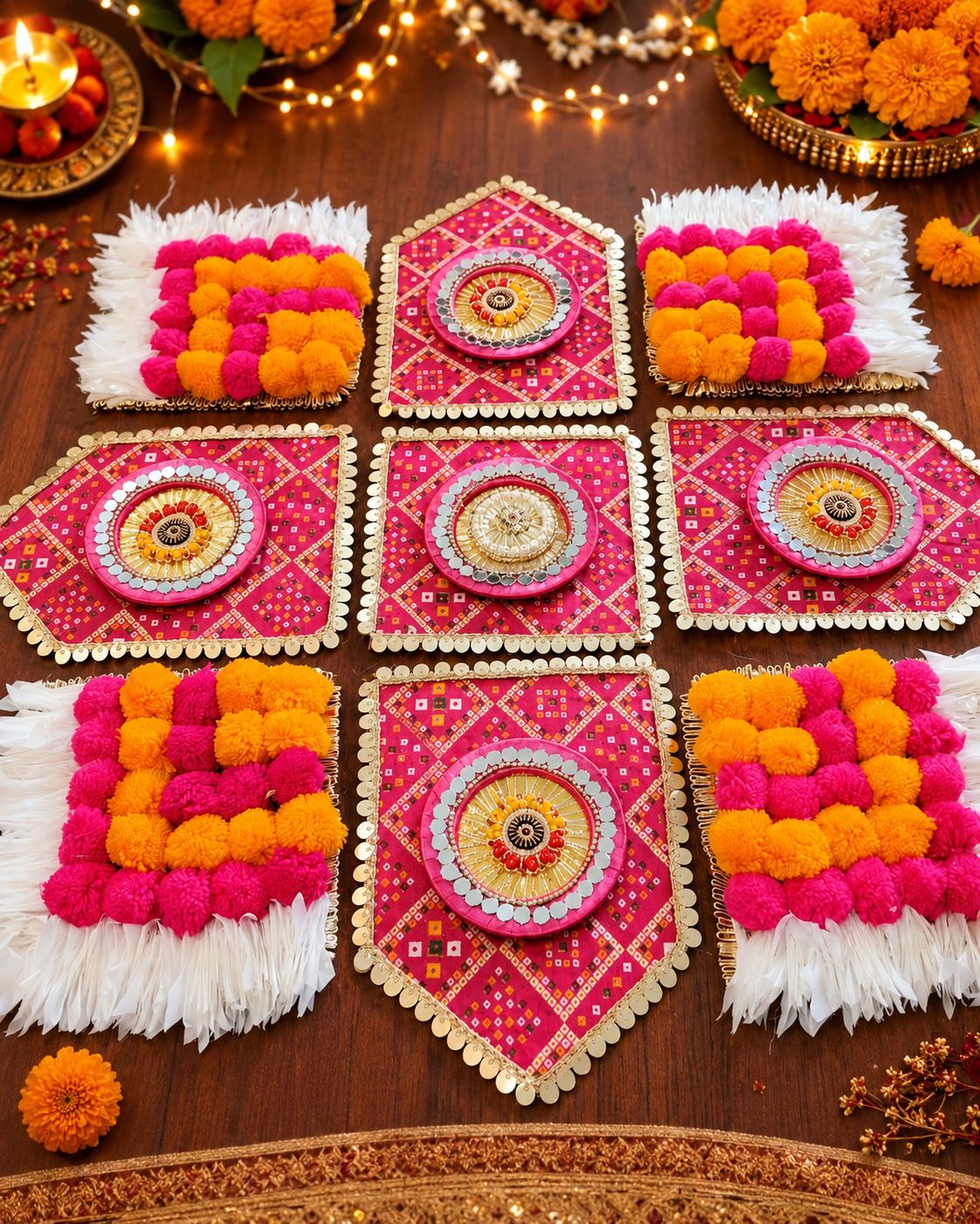 Square floor rangoli 9 pcs on MDF in pink and red gharchola (size 28 inches) - Image 2