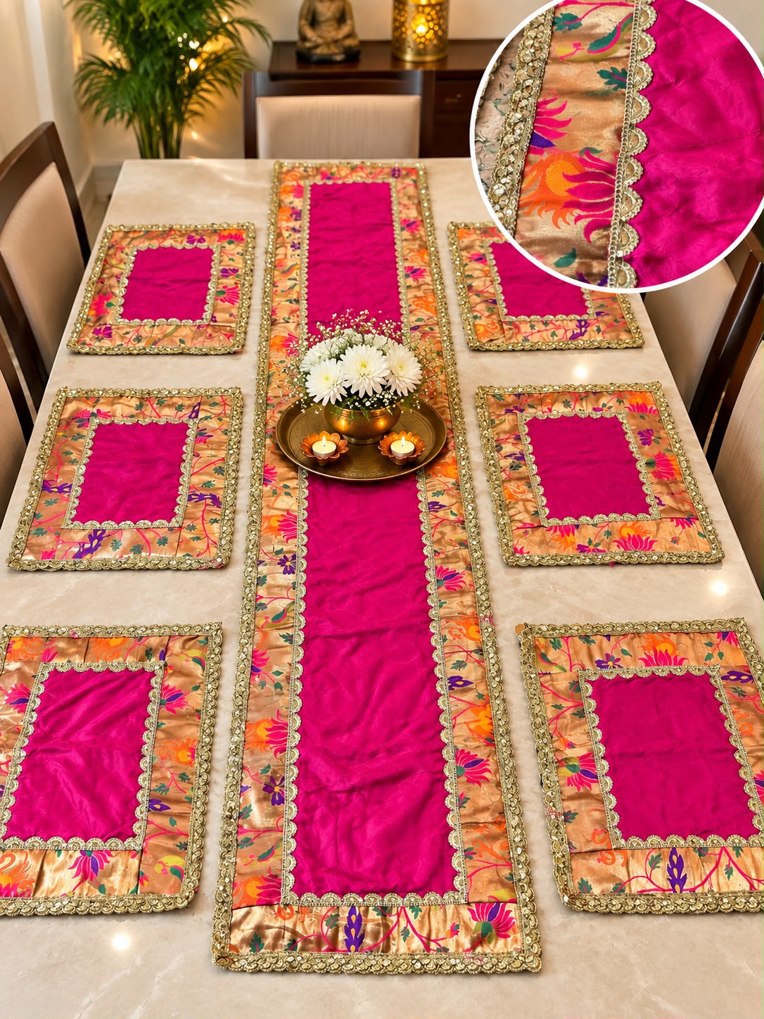 Table mat set in Rani pink and paithani silk (set of 7 pcs ) - Image 2