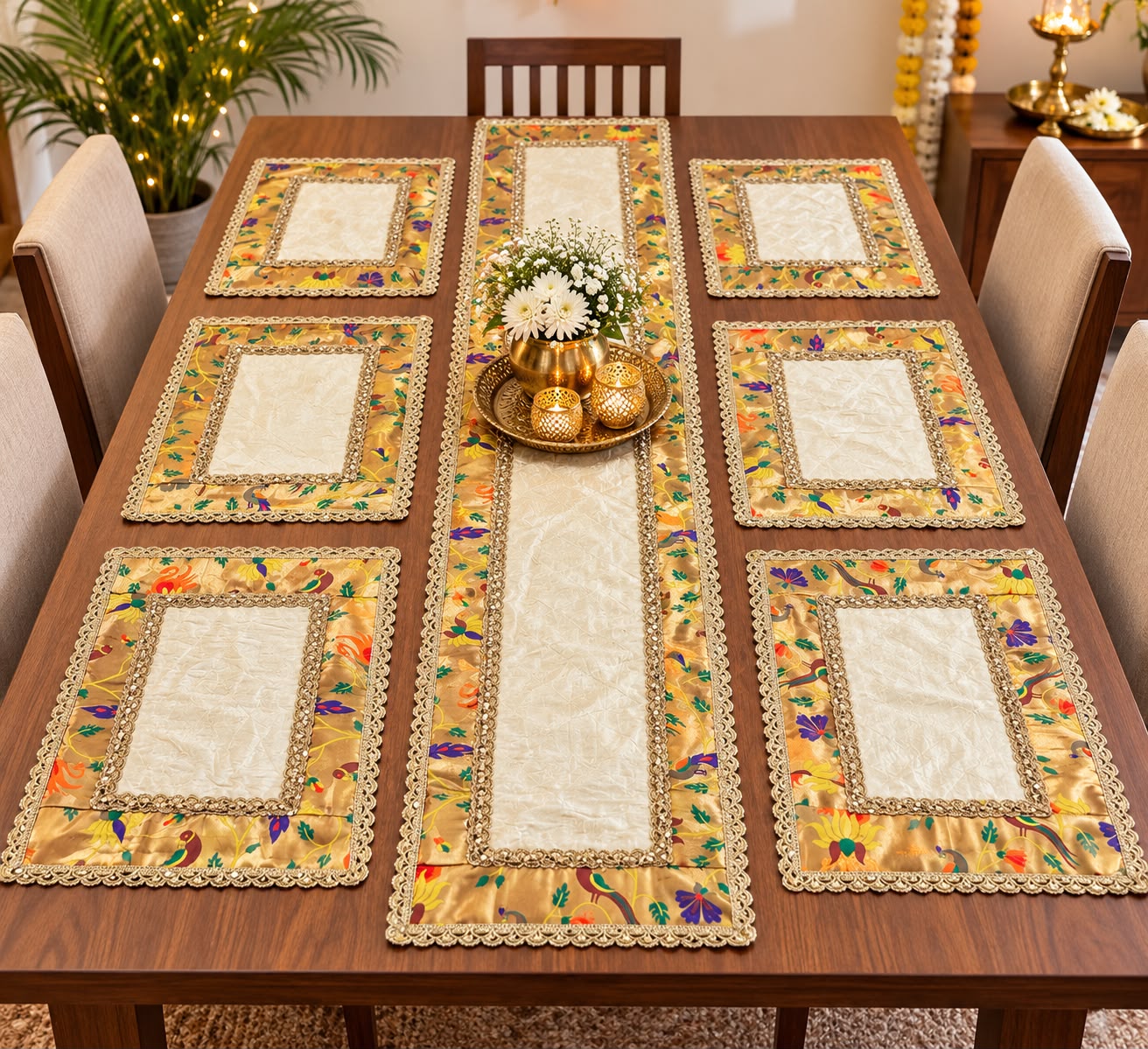 Table mat set in cream and paithaini (set of 7 pcs )