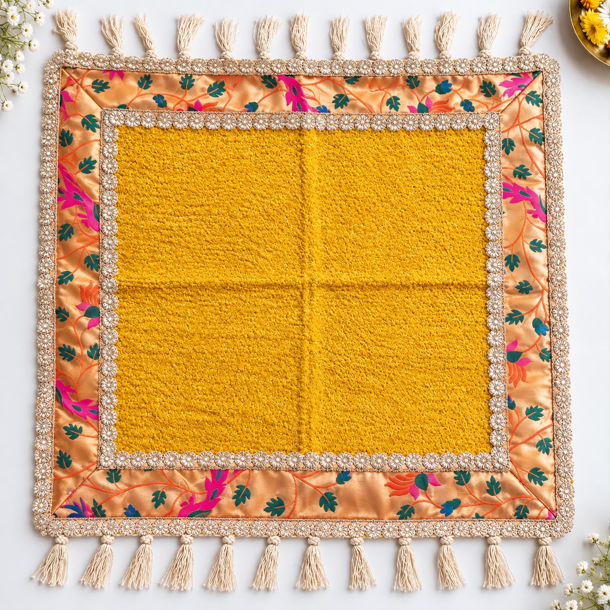 Yellow durry Aasan with paithani border 24 X 24 inches (set of 3 pcs ) - Image 2