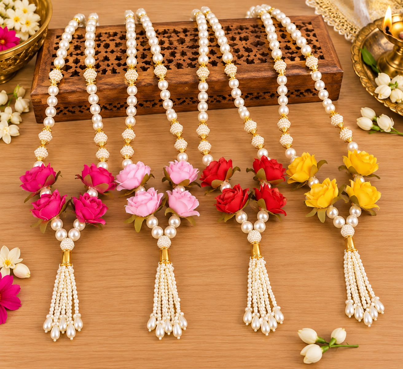 4 flower pearl drop baraat swagat maala (pack of 20)